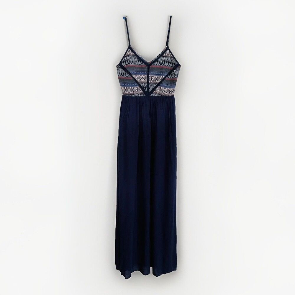 Doe & Rae Maxi Dress Womens XS Navy Blue Embroidered Boho Geometric Sundress